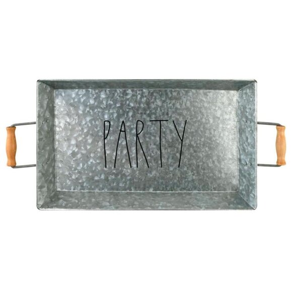 Rae Dunn Artisan Collection Steel Rectangle Tray with Wood Handles - "PARTY" - Picture 2 of 4